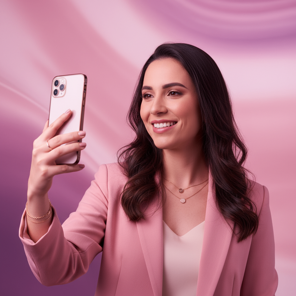 Consultora sorrindo com celular